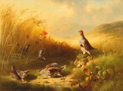 Partridge with Fledglings on the Mountain Pastures by Ludwig Schuster